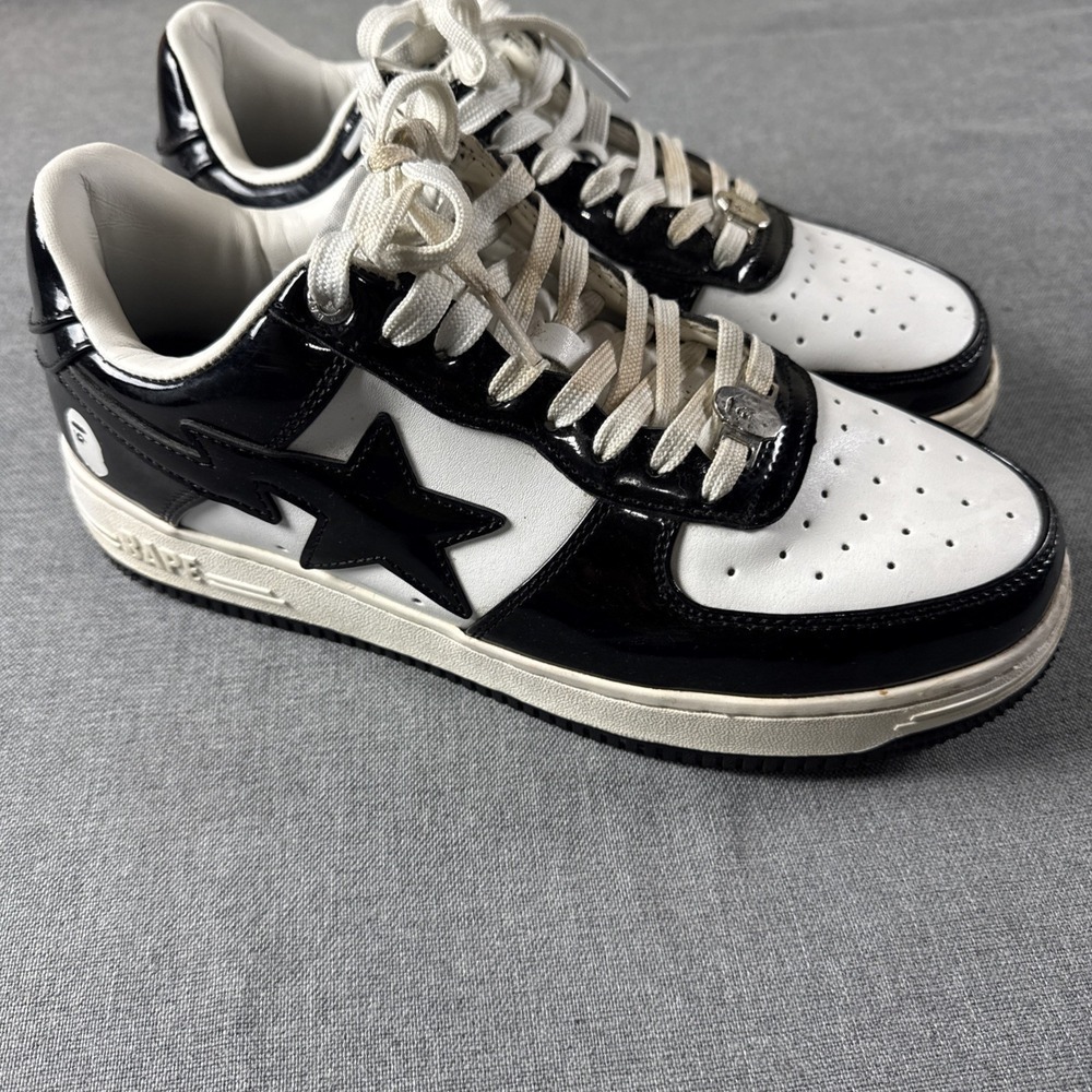 A Bathing Ape Bapesta Black White Patent Leather Men's Sneakers US 9.5